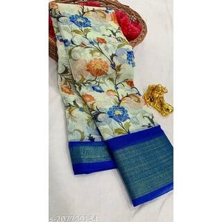 Sky Blue Colour Flower Printed Cotton Saree With Blouse Piece