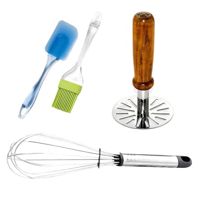 VillWin Kitchen Tool Combo 4 Pcs � Potato Masher, Hand Whisk Mixer, Spatula & Pastry Brush, Durable Multi-Function Utensils for Mashing, Whisking & Baking, Easy-to-Use Cooking Essential