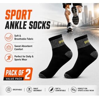 SPORT SOCKS 170526 PACK 2  Men Sports Ankle Socks Cotton Breathable Sweat Absorbent Daily Wear Socks for Men