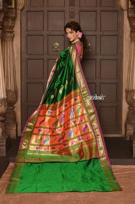 Parampara ~ Pure Silk Paithani with Exquisite Peacock & Lotus Pallu in Royal Green