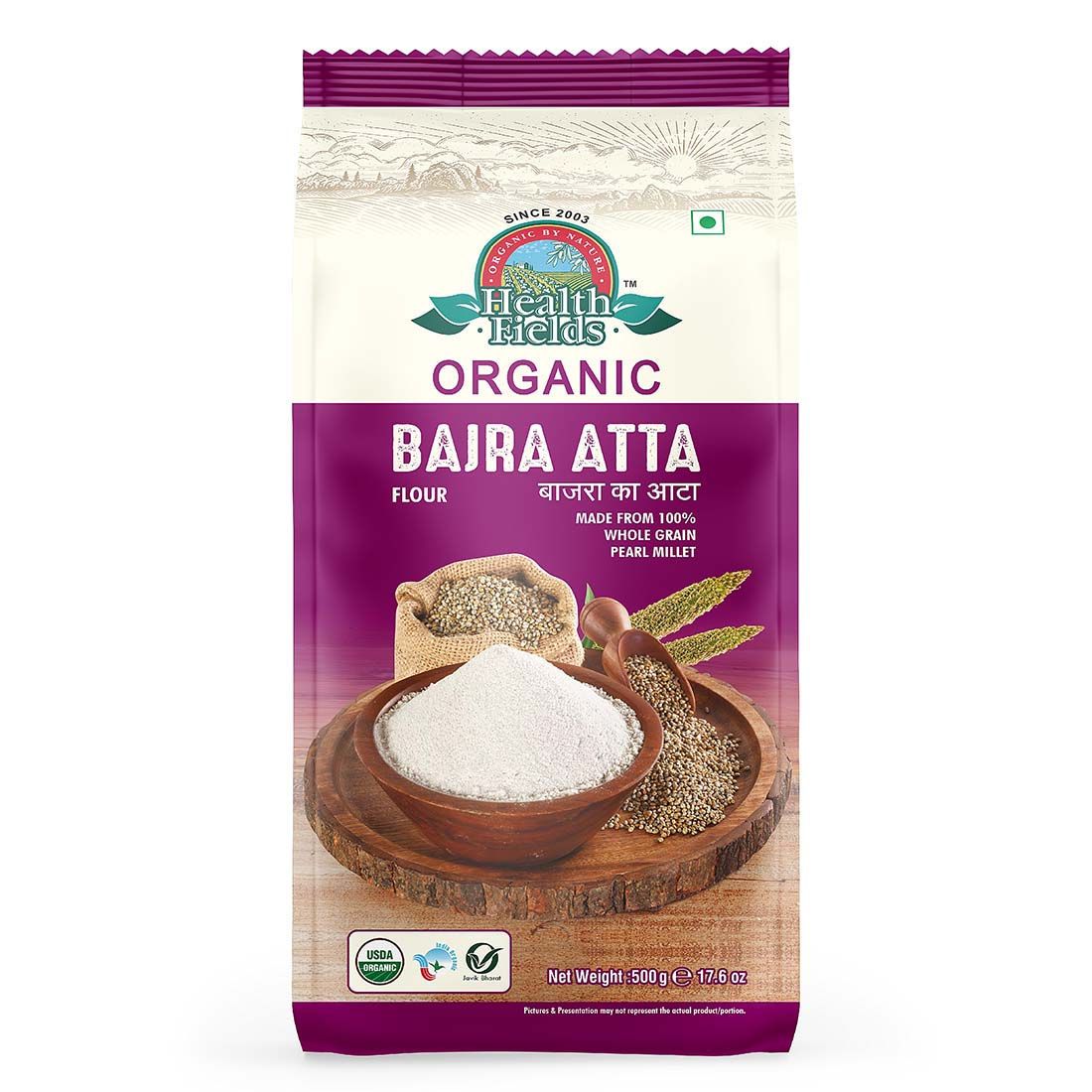 Health Fields Organic Bajra Flour | Pearl Atta - 1.5Kg (3 Pack Of 500gm each)