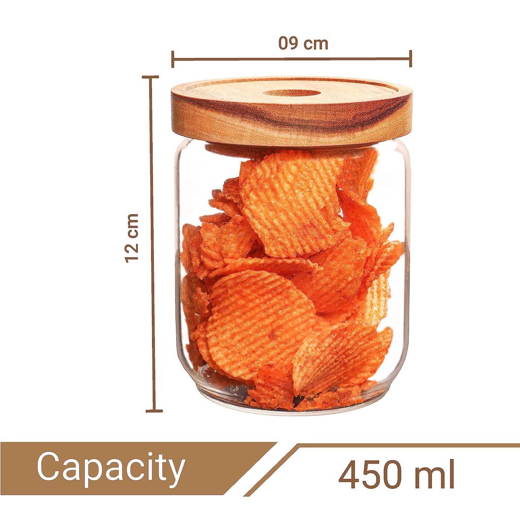 Femora Borosilicate Glass Jar with Bamboo Lid Air-Tight Jar, 450 ML, 2pcs,