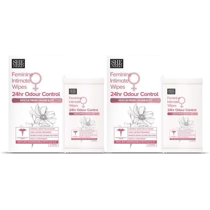 SHENEED Feminine Intimate 24hr Odour control wipes 10N (pack of 2) |Rescue from leakage & UTI| Refreshing Cleansing |pH Balance |Natural & Vegan | Paraben & Sulphate Free|clinically proven| Gynac