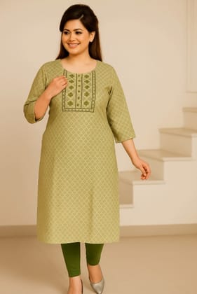 Women's Cotton Straight Kurta, OliveGreen, Floral Embroidered Yoke, 3/4 Sleeves