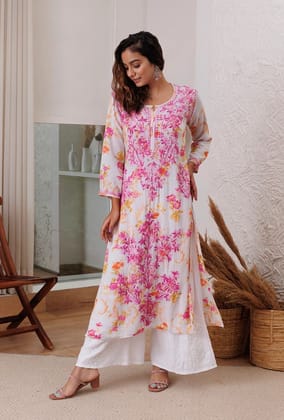 Rayon Chikankari Kurti Palazzo Set (Stitched)-Pink / M(38)
