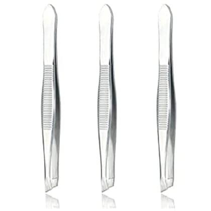 Elecsera Metal Flat Tip Tweezer Plucker for Women Eyebrows and Upper Lips, Silver Pack of 3 ()