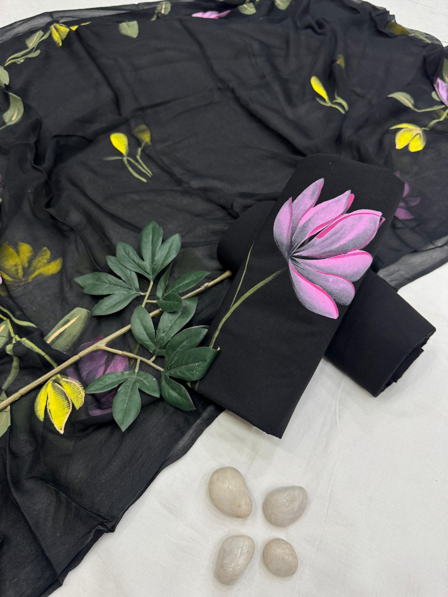 Hand Painted Cotton Suit With Chiffon Dupatta