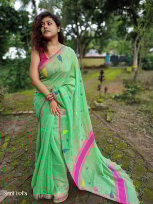Tissue Cotton Jamdani Saree -Metallic Light Green