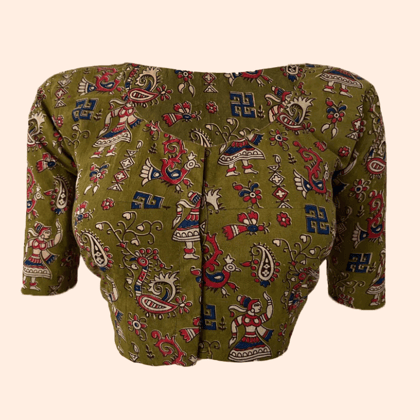 Kalamkari  Cotton  Round neck Blouse,  Olive Green,  BK1260-S