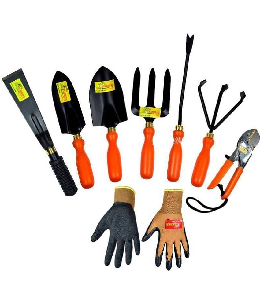 GLOBUS 928 Garden Tool Set/5 PCS,with khurpa 2, 8" Orange Pruner & Working gloves