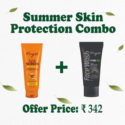 OXY99 Daily Skincare Combo – Sunscreen SPF 30 (100g) + Charcoal Face Wash (50g) | Oil-Free | Deep Clean + UV Protection | For All Skin Types