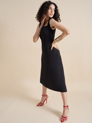 Classic Square-Neck Sleeveless Fit & Flare Midi Dress In Stretch Fabric-XS