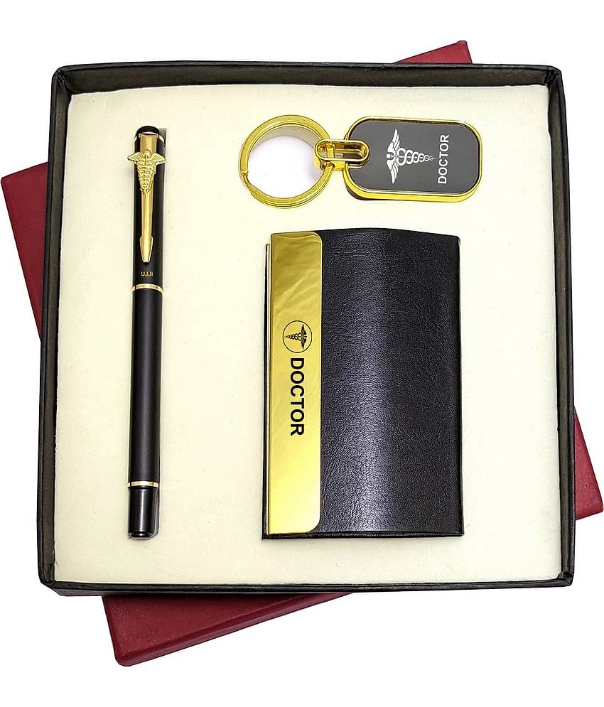 UJJi Doctors Gifts 3in1 Golden Part Black Body Pen, Keychain and ATM Card Holder