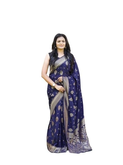 Women's Soft Lichi Silk Printed Saree With Unstitched Blouse 5.5Mtr (Navy Blue)-PID63670