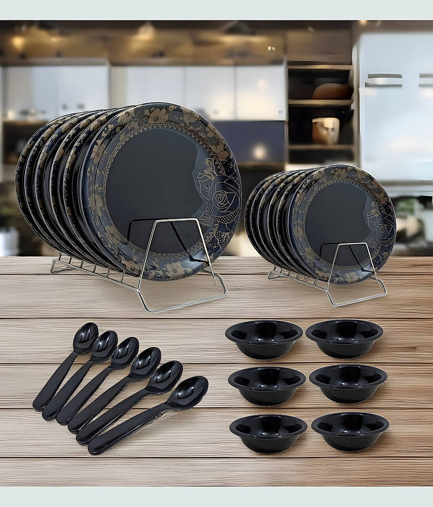kitchrox Tableware Round Printed Melamine Dinner Set ( Pack of 24 ) Black