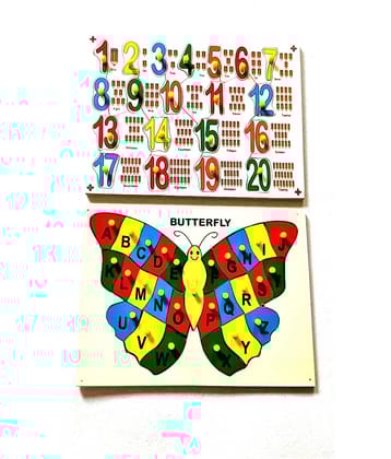 Peters Pence Wooden Multi-Color Educational 1-20 Number, ENGLISH Alphabet Learning PUZZLE Board with Counting Pictures Pegs Puzzle Tray for PRE PRIMARY EDUCATION, Educational Boards for Kids