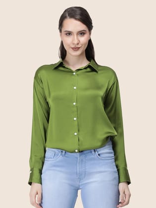 Olive Regular Fit Summer Satin Shirt-M