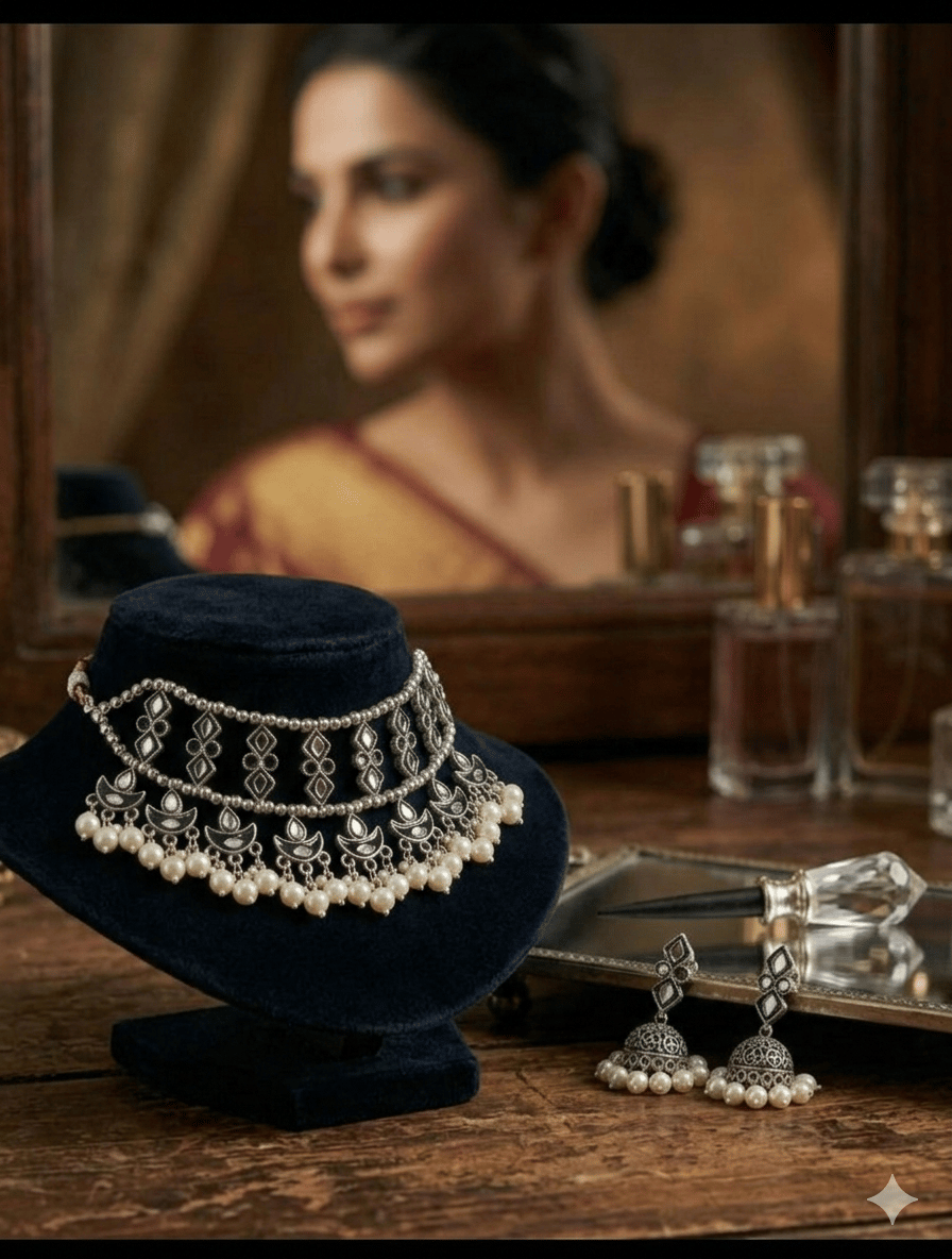 MF Oxidised Silver Pearl Choker Necklace for Women | Traditional Ethnic Jewellery for Festive & Party Wear