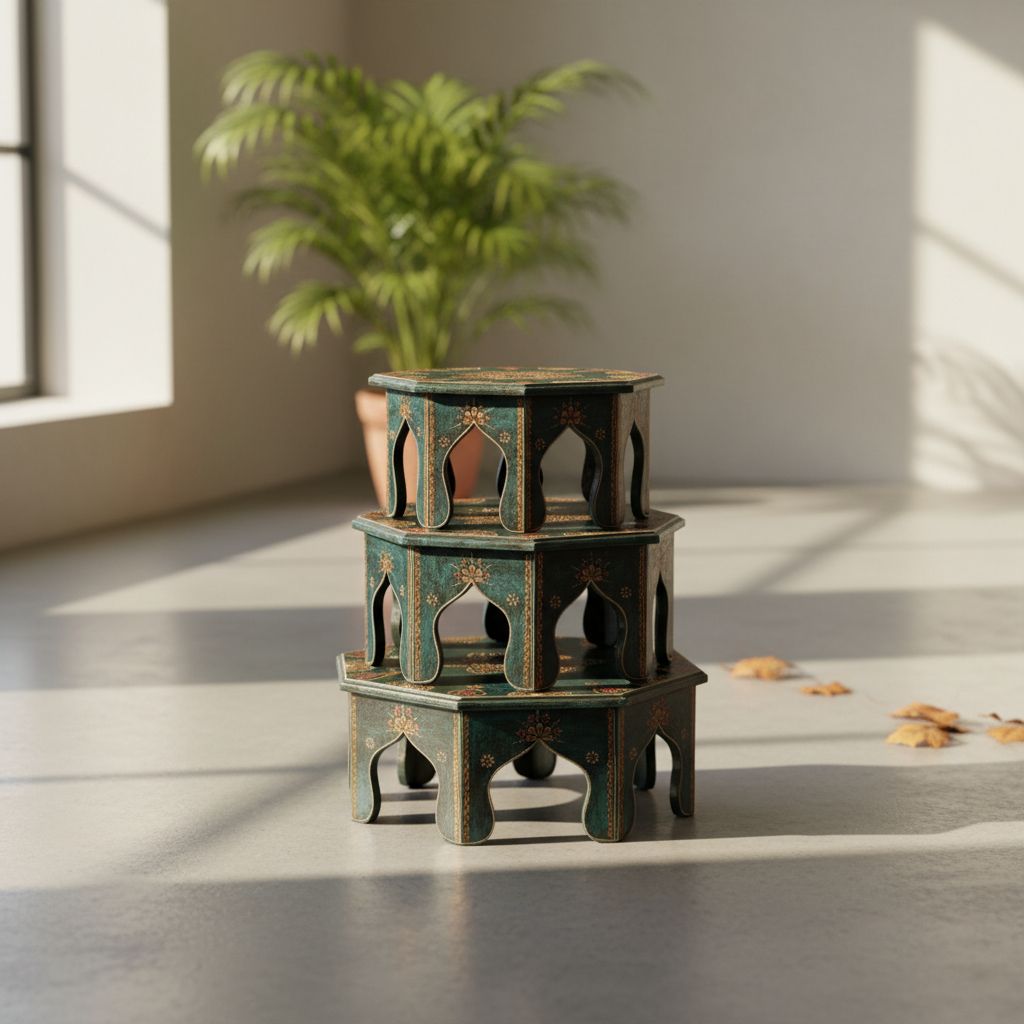 Wooden Indian Hand Painted Modern Beautiful Bajot Table Pair of 3