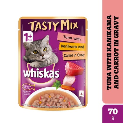 Whiskas Tasty Mix Tuna with Kanikama and Carrot in Gravy Adult (1+ Years) Wet Cat Food 70g