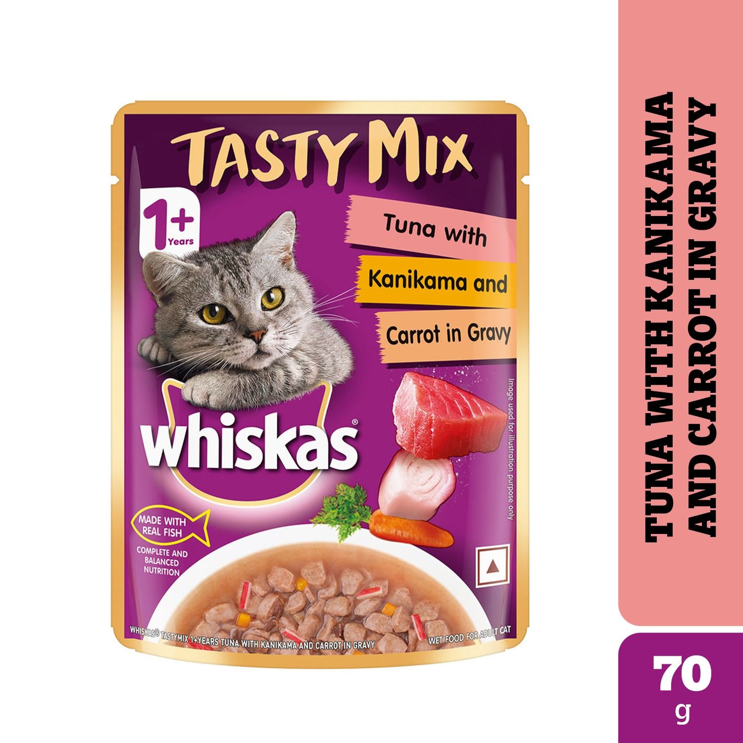 Whiskas Tasty Mix Tuna with Kanikama and Carrot in Gravy Adult (1+ Years) Wet Cat Food 70g