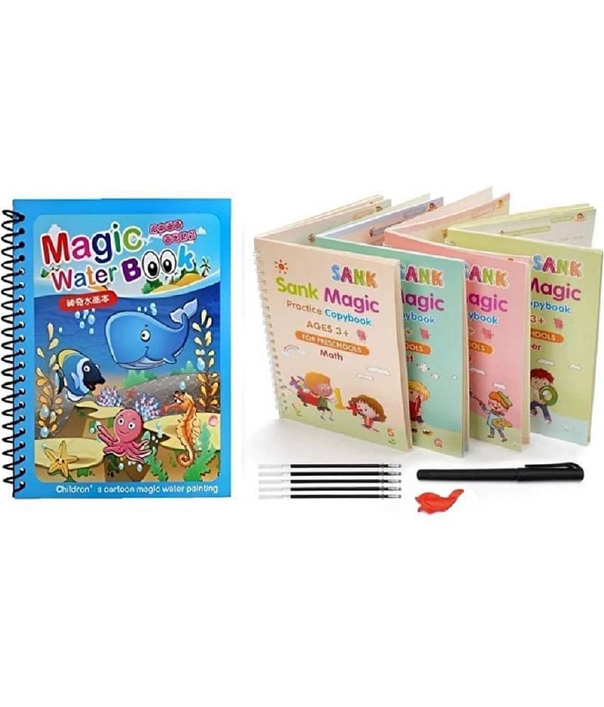 ( Pack Of 2 ) Sank Magic Practice Copybook, (4 Books + 1 Pen + 10 Refill ) & Magic Water Quick Dry Book Water Coloring Book Doodle with Magic Pen Painting Board By Vinay Book Store