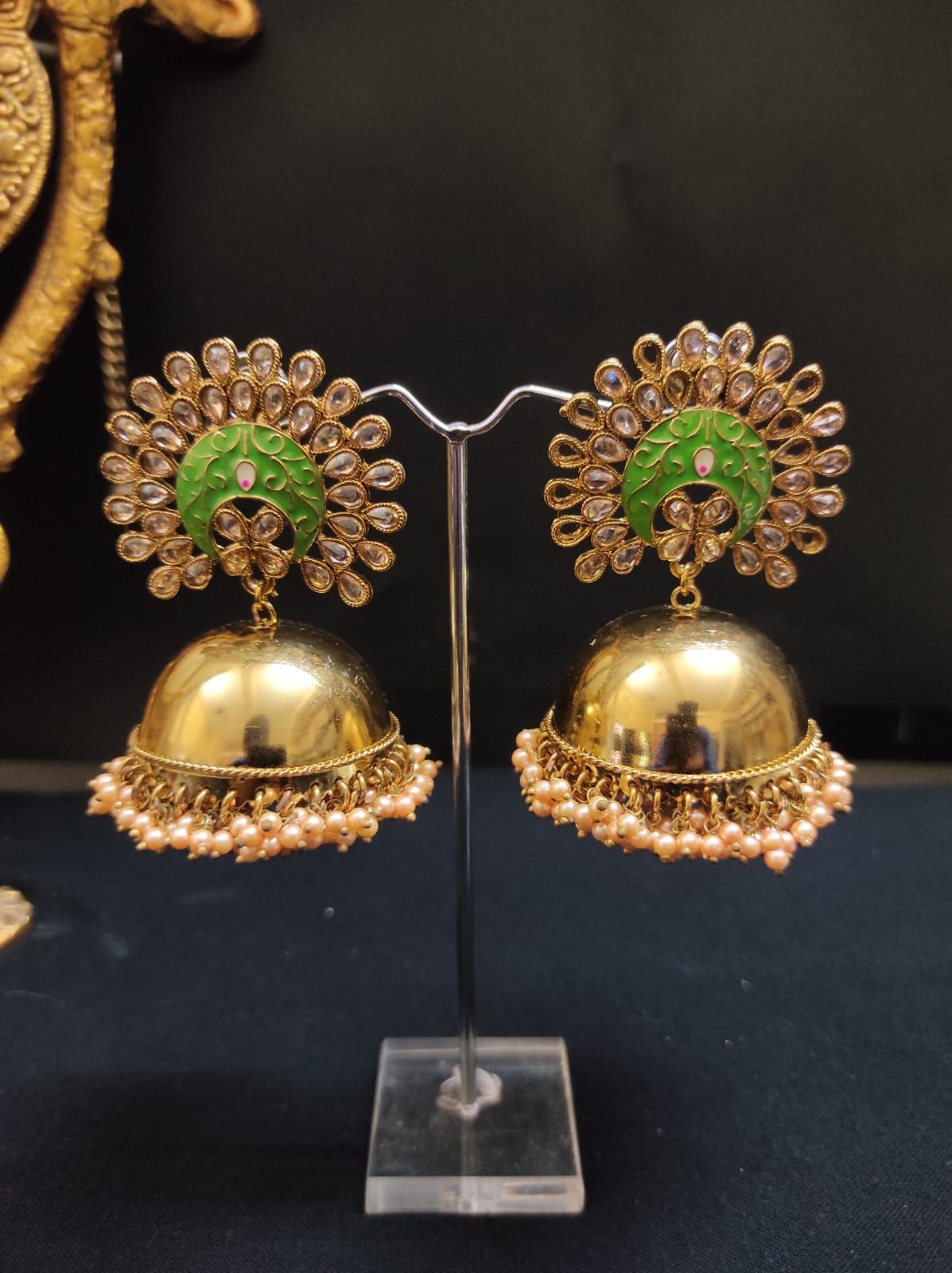 ZEVAR I Stone-Studded Pearl-Beaded Jhumka Earrings