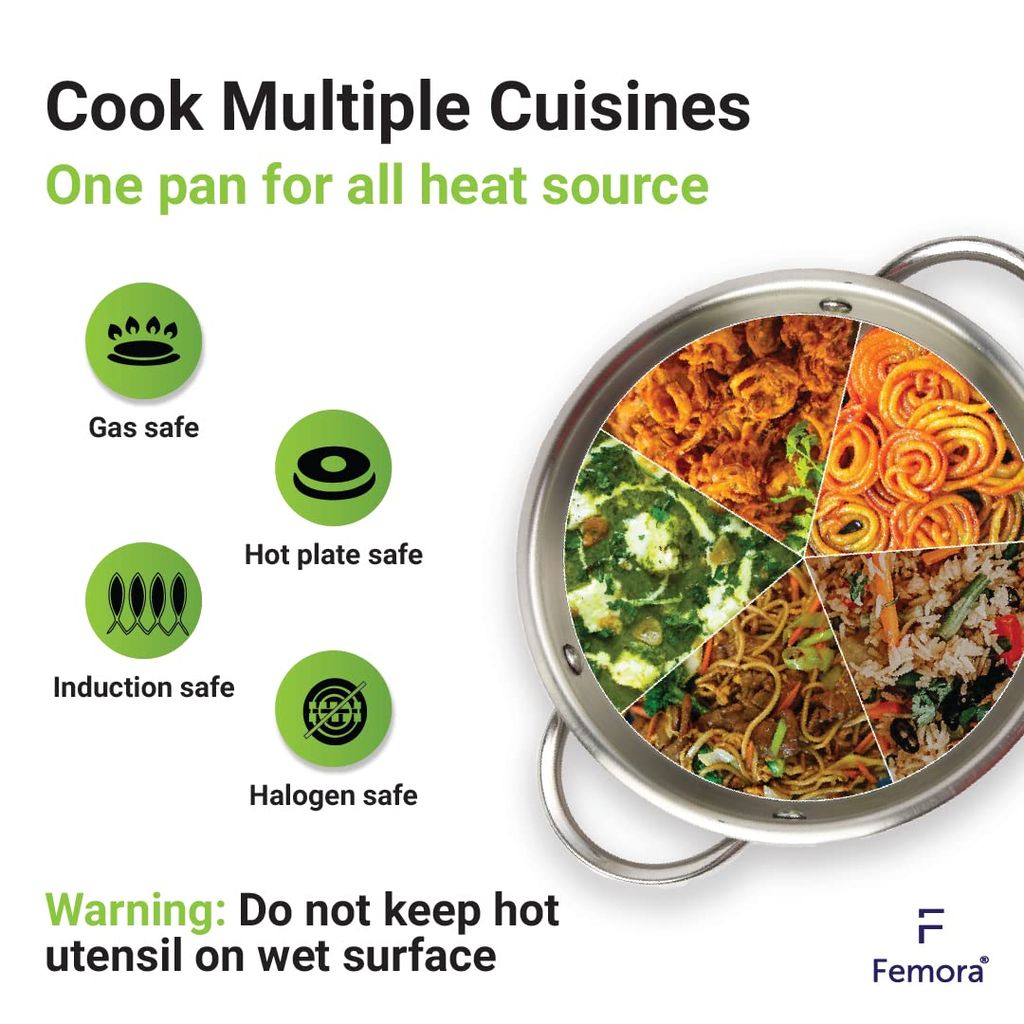 Femora Platinum Bottom Triply Stainless Steel Kadhai - 26 cm (Induction & Gas Friendly), Silver, 26cm