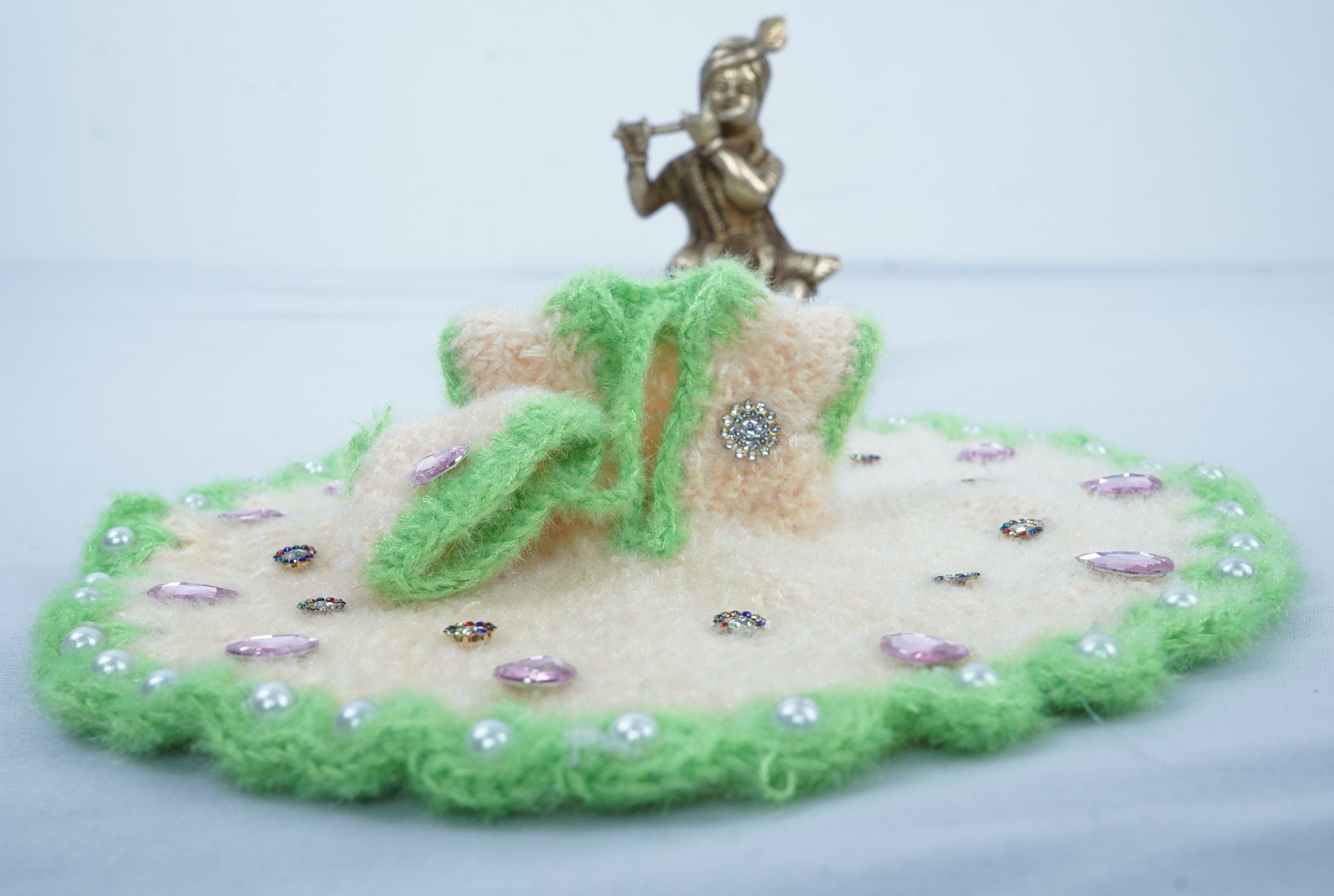 Cream & Green Woolen Embellished Laddu Gopal Dress Set
