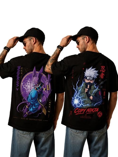 The Retro India Combo Pack of 2 Oversized Graphic T Shirts for Men, Black Cotton Half Sleeve Ninja & Bat Man Print Tees
