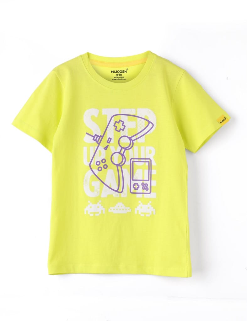 Elegant Kids Boys T shirt Cotton Sulphur Spring Lime "Step Your Game" 2025 at ShopCircuit | ONDC
