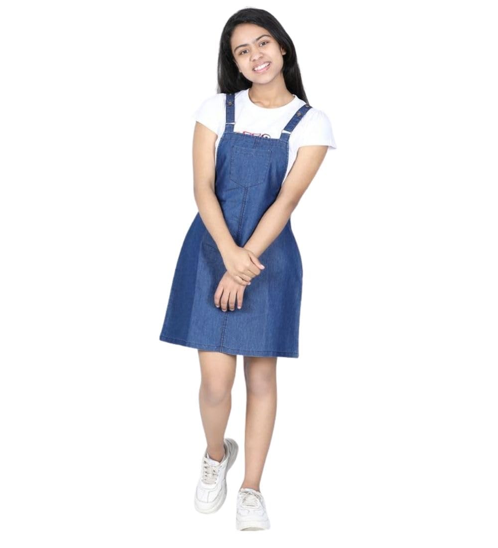 Girl's Denim Solid Sleeveless Dress (Blue, 14-15-Yrs)-PID66040