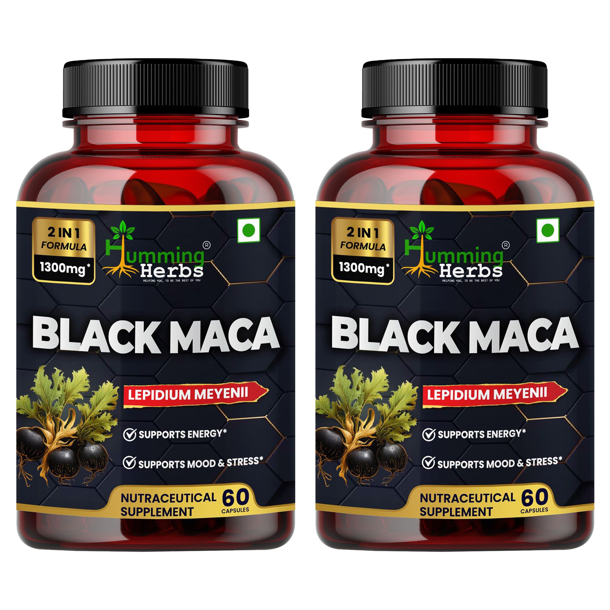 Humming Herbs Black Maca Root Extract 1300mg - Boosts Energy & Stamina, Supports Mood & Hormonal Balance - Men's & Women's Health Supplement - Pack of 2
