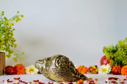 Brass Shankh with Vishnu Carving (Color - Golden, Size - 3.5H*7L*3.5B) by Snova Enterprises