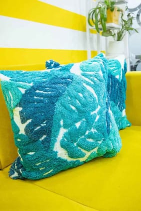 Turkish Blue Cotton Cheer Tufted Cushion with Cover- Set of 2