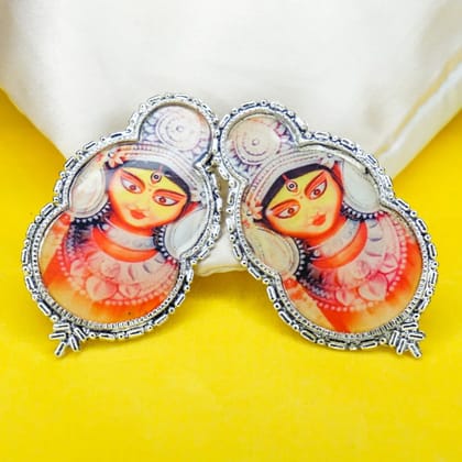 Oxidized Silver Earrings with Colourful Devi Motif