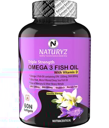 NATURYZ Triple Strength Omega 3 Fish Oil 2500 Mg with Highest EPA, DHA -60 Softgels(Vanilla Flavour)