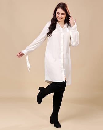 White Solid Shirt Dress-L / White