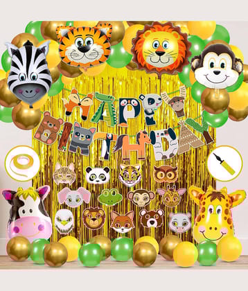 Zyozi Jungle Safari Happy Birthday Decoration Kids - Birthday Decoration Banner with Balloons, Foil Curtains, Hand Balloon Pump, Sticker, Foil Balloons And Ribbon (Pack of 69)