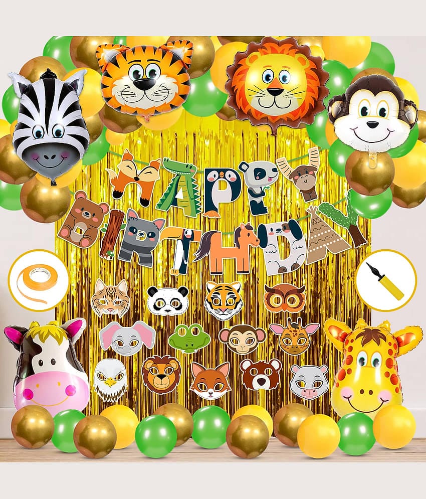Zyozi Jungle Safari Happy Birthday Decoration Kids - Birthday Decoration Banner with Balloons, Foil Curtains, Hand Balloon Pump, Sticker, Foil Balloons And Ribbon (Pack of 69)