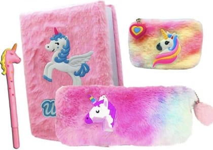 Combo-4Pcs Unicorn Fur Diary, Coin pouch, Pen and Pencil School Stationery set A6 Diary Ruled 80 Pages  (Multicolor, Pack of 4)