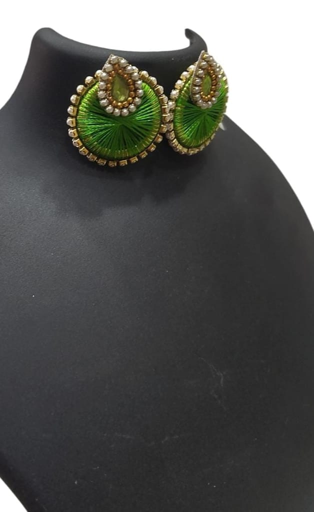 Green and gold round stud earrings with pearl and stone embellishment