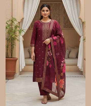 Vaamsi Women Silk Blend Printed Straight Kurti With Pants ( Maroon )