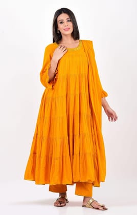 Mustard Yellow Crinkled Layered Kurta Set-S