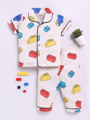 Legos Cream Cotton Half Sleeves Nightwear Set-6-9 m