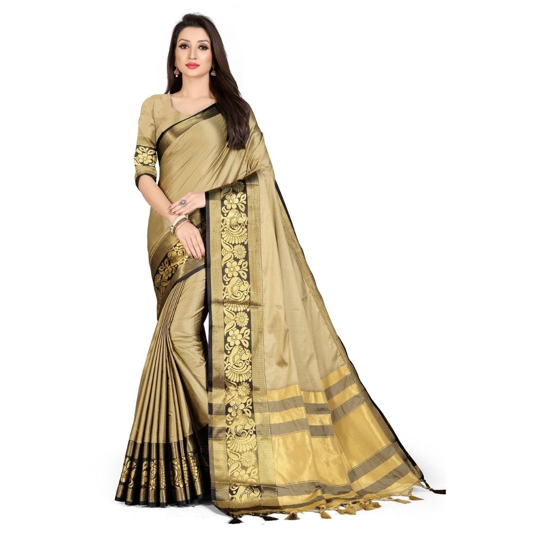 Generic Women's Cotton Silk  Saree with Blouse (Black, 5 - 6 Mtrs)