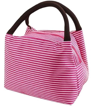 YKXIMS Insulated Lunch Bags for Women, Kids, Students | Waterproof Thermal Cooler Tote for School, Work, Picnic | Portable, Reusable Tiffin Box Storage (Strip-Dark Pink & Cat Design-Pink)