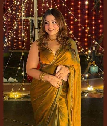 Gazal Fashions Chiffon Self Design Saree With Unstitched Blouse Piece ( Gold,Rama )