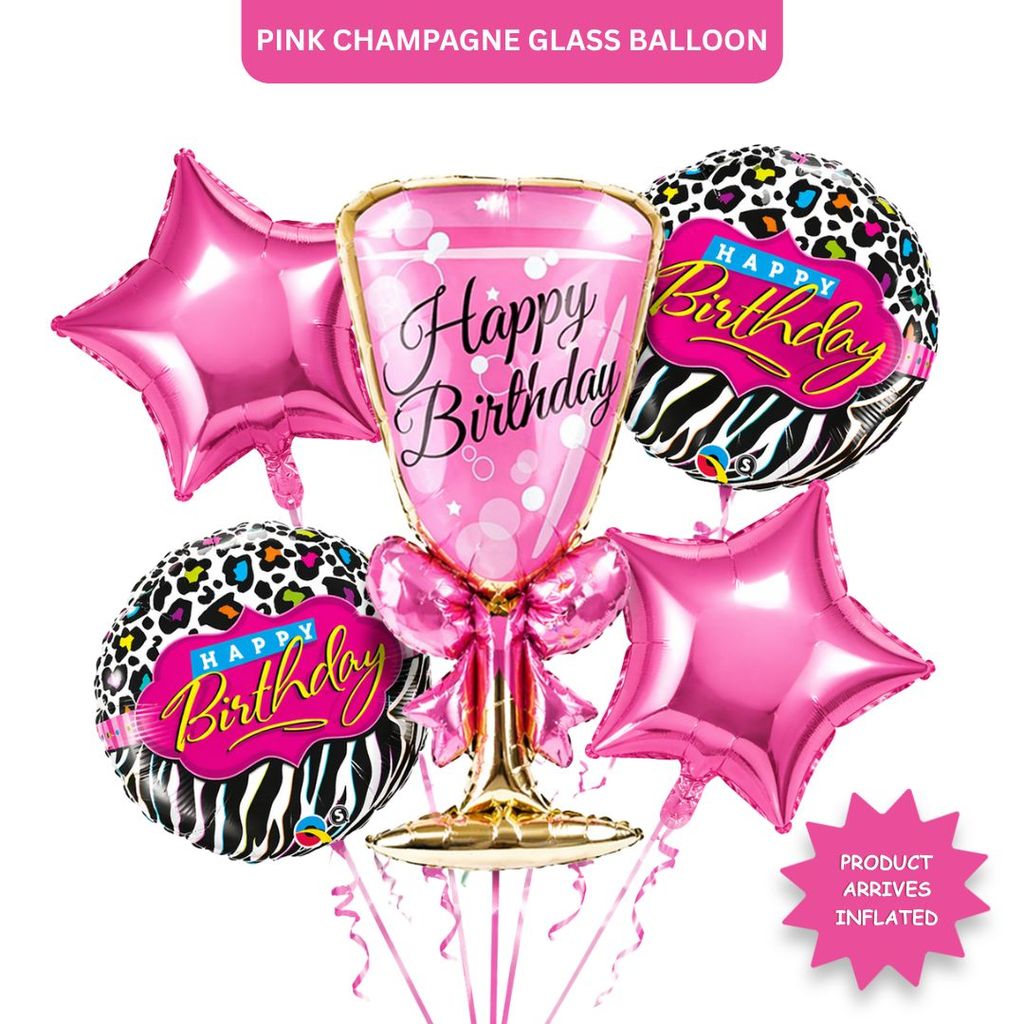 Pink Champagne Glass Helium Balloon Set of 5 (Supershape Champagne Glass + 2 Pink Happy Birthday + 2 Pink Star Balloons) | Pre-Inflated & Delivered | Birthday Decoration - Party and Festive Needs | Buy online on ZillyBuy