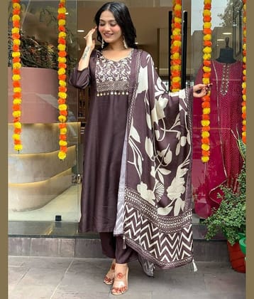 PURVAIYA CREATION Silk Blend Printed Kurti With Pants Women's Stitched Salwar Suit - Grey ( Pack of 1 )